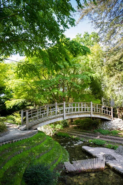 Traditionelle Holzbrücke Auf Einem Japanischen Gartenteich Zen Hintergrund — Stockfoto