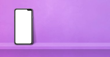 Mor duvar rafında cep telefonu. Yatay arkaplan pankartı. 3B Görüntü