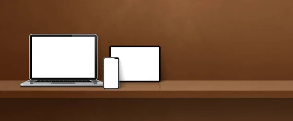 Laptop Cep Telefonu Tablet Dijital Tablet Kahverengi Duvar Rafında Afiş — Stok fotoğraf