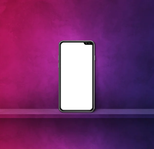 手机放在紫色的壁架上 正方形背景 3D说明 — 图库照片