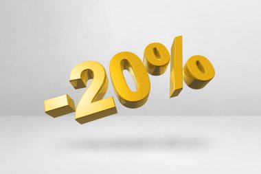 % 20 indirimli. Teklif satışı. Beyaz üzerine izole edilmiş üç boyutlu çizim. Promosyon fiyatı. Altın numara