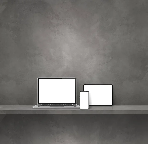 笔记本电脑 手机和数码平板电脑放在灰色的壁架上 正方形背景 3D说明 — 图库照片
