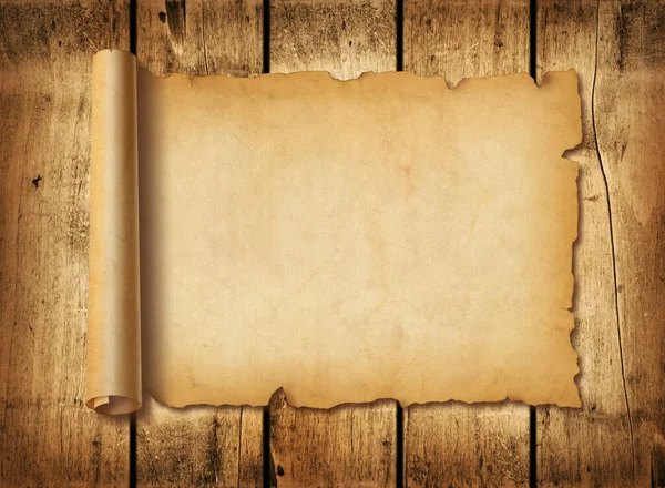 Starý Středověký List Papíru Vodorovný Pergamenový Svitek Pozadí Dřevěné Desky — Stock fotografie