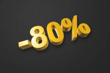% 80 indirimli. Teklif satışı. Siyah üzerine izole edilmiş üç boyutlu çizim. Promosyon fiyatı. Altın numara