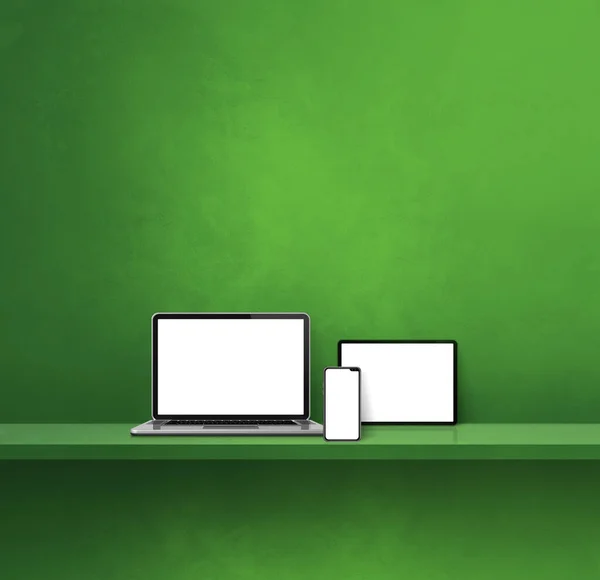 Laptop Mobiltelefon Och Digital Surfplatta Grön Vägg Hylla Fyrkantig Bakgrund — Stockfoto