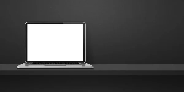 笔记本电脑在黑色架子的背景横幅上 3D说明 — 图库照片