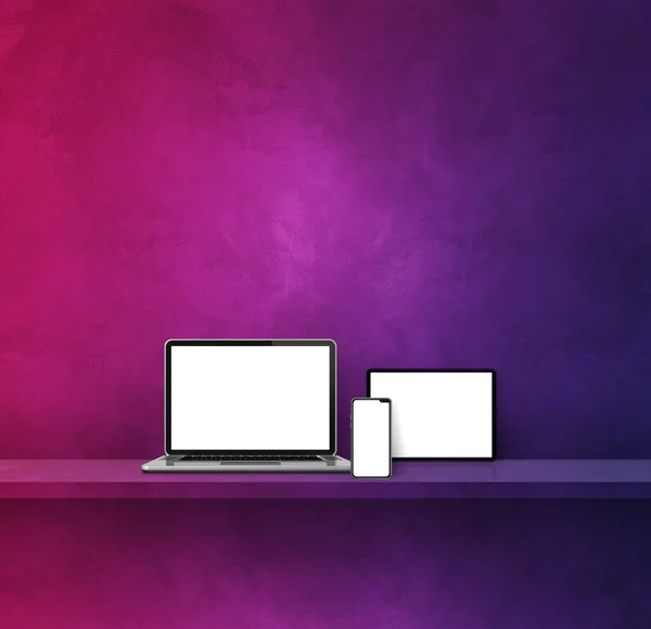 笔记本电脑 手机和数字平板电脑放在紫色的壁架上 正方形背景 3D说明 — 图库照片