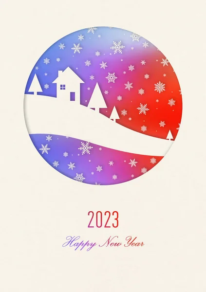 雪の下に家と幸せな新年の虹のヴィンテージカード 2023年 — ストック写真