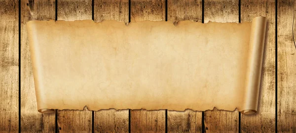 Eski Kağıt Yatay Afiş Tahta Zemin Üzerinde Parşömen Parşömeni — Stok fotoğraf