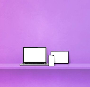 Mor duvar rafında dizüstü bilgisayar, cep telefonu ve dijital tablet bilgisayar. Kare arka plan. 3B Görüntü