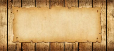 Eski kağıt yatay afiş. Tahta zemin üzerinde parşömen parşömeni