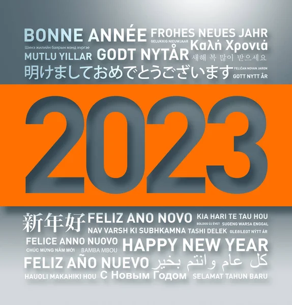 2023 Feliz Ano Novo Cartão Felicitações Mundo Diferentes Idiomas — Fotografia de Stock