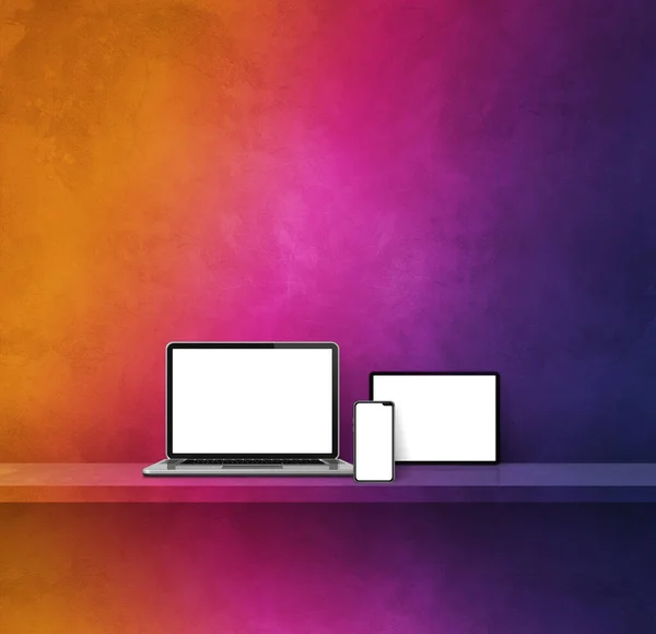 Laptop Mobile Phone Digital Tablet Rainbow Wall Shelf Square Background — ストック写真