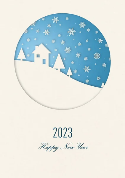 Vintage Winter Gelukkige Nieuwjaarskaart Met Een Huis Onder Sneeuwvlokken 2023 — Stockfoto