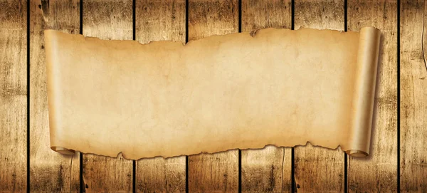 Starý Papírový Vodorovný Prapor Pergamenový Svitek Pozadí Dřevěné Desky — Stock fotografie