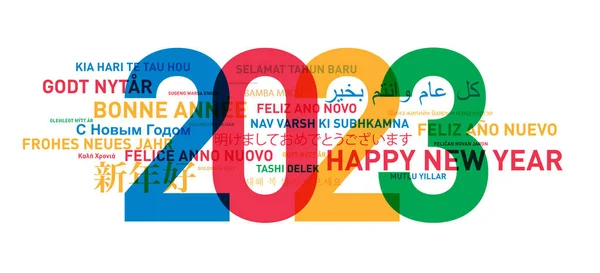 Feliz Año Nuevo 2023 Tarjeta Del Mundo Diferentes Idiomas Colores —  Fotos de Stock