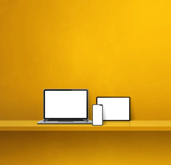 笔记本电脑 手机和数码平板电脑放在黄色的壁架上 正方形背景 3D说明 — 图库照片