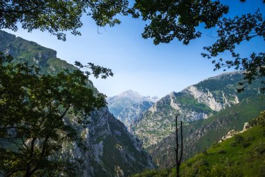İspanya, Asturias, Picos de Europa 'daki Bulnes köyü çevresindeki dağ manzarası