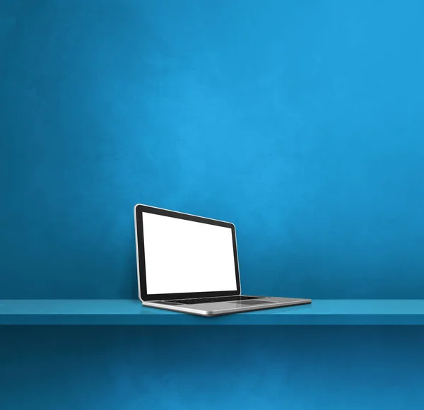 青い棚の上のノートパソコン 正方形の背景 3Dイラスト — ストック写真