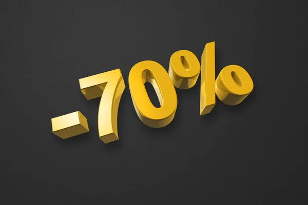 70% off discount. Offer sale. 3D illustration isolated on black. Promotional price rate. Gold number