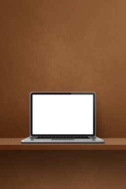Laptop bilgisayarı kahverengi rafta. Dikey arkaplan. 3B Görüntü