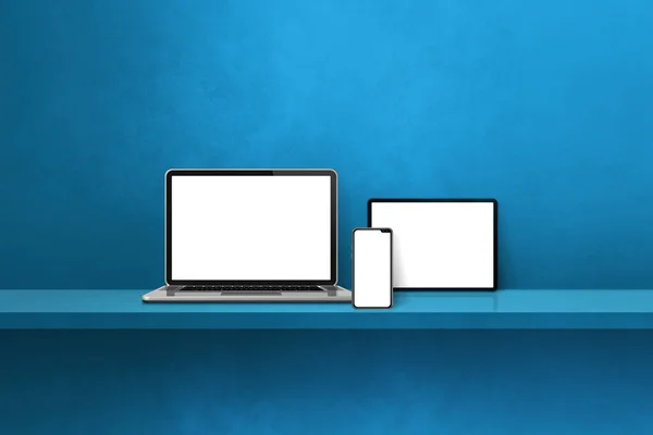 青い壁の棚にノートパソコン 携帯電話 デジタルタブレットPc 水平の背景 3Dイラスト — ストック写真