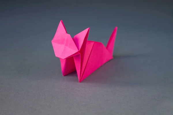 Pink Paper Cat Origami Isolated Blank Grey Background — Foto de Stock