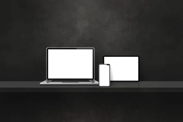黑墙架上的笔记本电脑 手机和数码平板电脑 横向背景 3D说明 — 图库照片