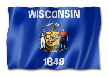 Wisconsin bayrağı, Birleşik Devletler bayrak koleksiyonu sallıyor. 3d illüstrasyon