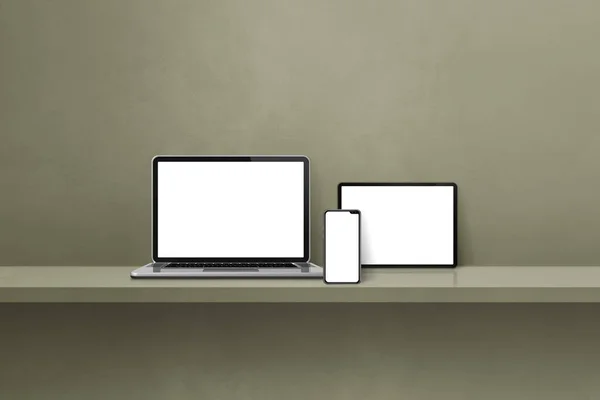 笔记本电脑 手机和数码平板电脑放在绿墙架上 横向背景 3D说明 — 图库照片