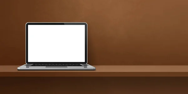 笔记本电脑在棕色架子的背景横幅上 3D说明 — 图库照片