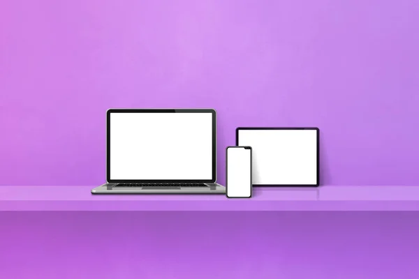 紫の壁の棚にノートパソコン 携帯電話 デジタルタブレットPc 水平の背景 3Dイラスト — ストック写真