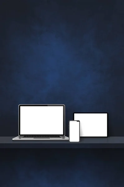 Laptop Handy Und Digitaler Tablet Schwarzen Wandregal Vertikaler Hintergrund Illustration — Stockfoto