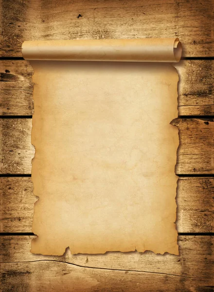 Old Mediaeval Paper Sheet Parchment Scroll Isolated Wood Board Background — Stock Photo, Image
