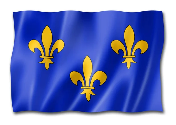 法兰西岛区旗 法国挥动国旗收藏 3D插图 — 图库照片