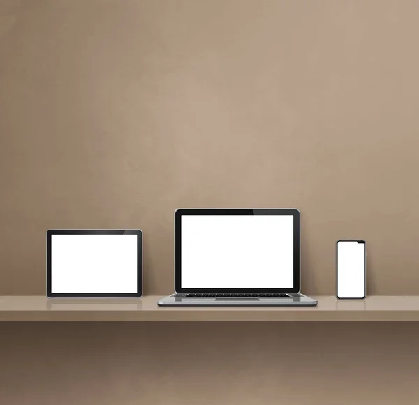 笔记本电脑 手机和数字平板电脑放在棕色的壁架上 正方形背景 3D说明 — 图库照片