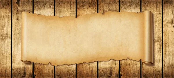 Старий Паперовий Горизонтальний Банер Пергаментний Прокрутка Фоні Дерев Яної Дошки — стокове фото