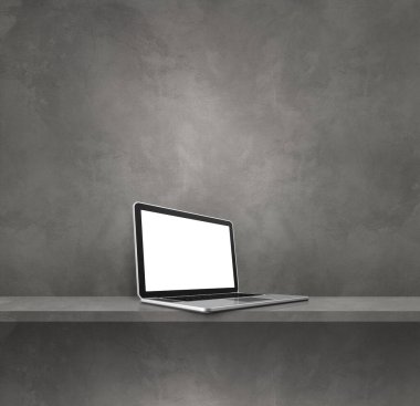 Gri rafta dizüstü bilgisayar. Kare arka plan. 3B Görüntü