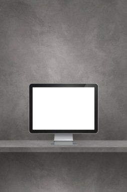 Bilgisayar bilgisayarı - gri duvar rafı. Dikey arkaplan. 3B Görüntü
