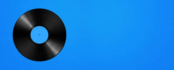 Vinyl record isolated on blue background. Horizontal banner. 3D illustration