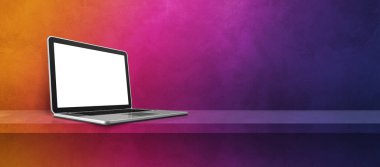 Gökkuşağı arkaplanındaki dizüstü bilgisayar pankartı. 3B Görüntü