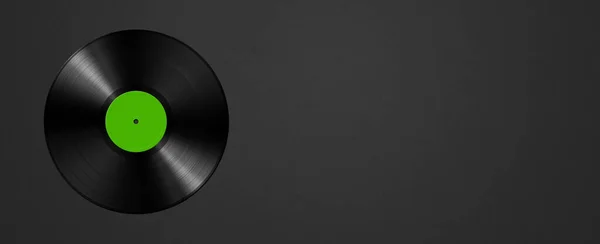 Green vinyl record isolated on black background. Horizontal banner. 3D illustration