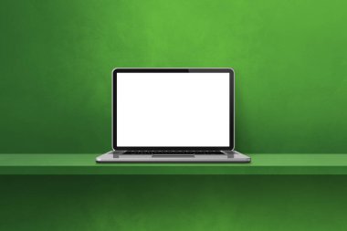 Yeşil raf arka planında dizüstü bilgisayar. 3B Görüntü