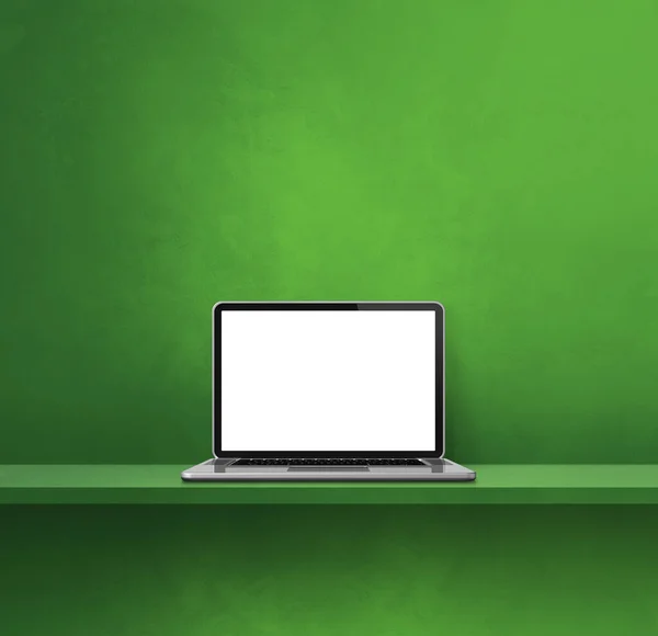 Laptop computer on green shelf. Square background. 3D Illustration