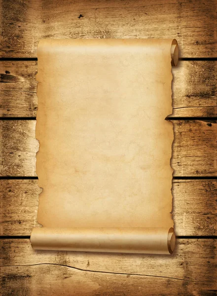 Old Mediaeval Paper Sheet Parchment Scroll Isolated Wood Board Background — Stock Photo, Image