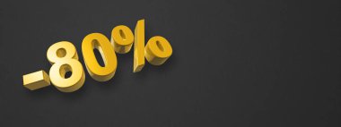 80% off discount. Offer sale. 3D illustration isolated on black. Horizontal banner. Gold number