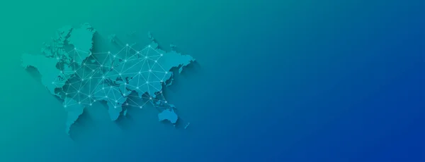 World map and digital network illustration isolated on a blue background. Horizontal banner