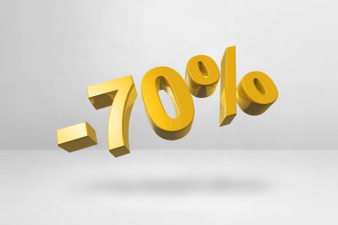 70% off discount. Offer sale. 3D illustration isolated on white. Promotional price rate. Gold number