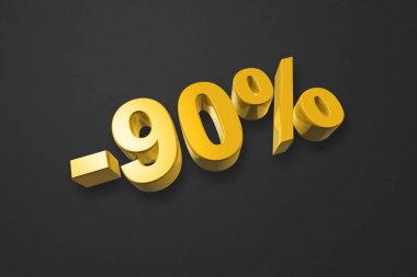 90% off discount. Offer sale. 3D illustration isolated on black. Promotional price rate. Gold number