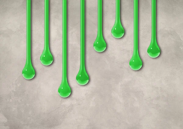 Green Ink Drops Isolated Light Concrete Wall Horizontal Wallpaper Illustration — Stock Photo, Image